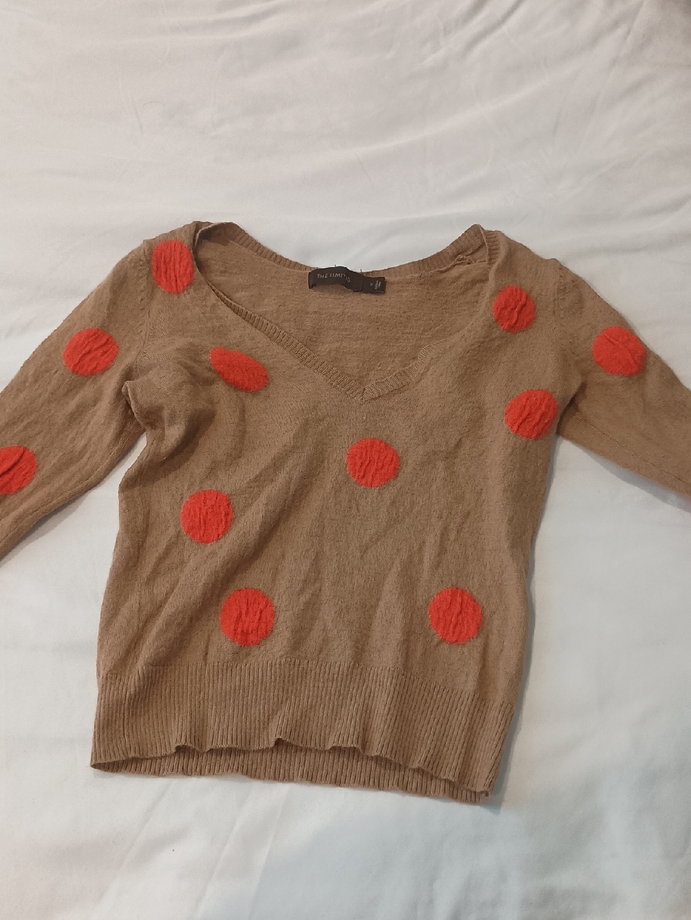 The Limited Tan Sweater with Red Polka Dots